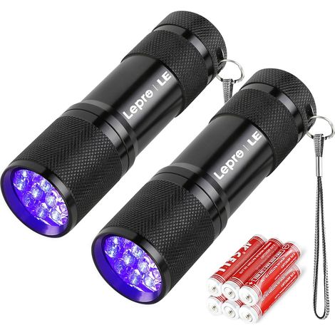 Lampe UV 395nm LED 6 Piles AAA Incluses, Lot de 2  Polyvalente pour détecter urine chien/chat, scorpions, vérifier billets, traceurs fluorescents. Compacte et puissante (1/5)