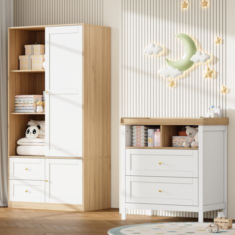 Ensemble armoire et table à langer, mobilier bébé, armoire à portes coulissantes, table à langer avec barre de sécurité amovible, penderie et tiroirs, aspect bois et blanc, 90×50×180cm + 82×50×90cm (1/5)