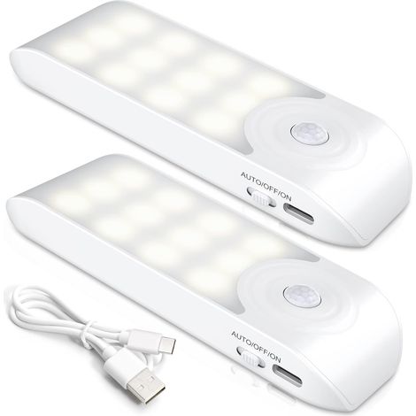 Luz nocturna LED automática [paquete de 2], 12 LED recargables por USB para armario con sensor de movimiento y luz, 3 modos (automático/encendido/apagado) y adhesivo magnético, para escaleras, armario