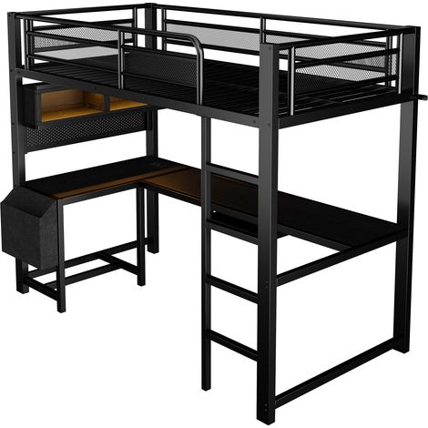 Gaming-Hochbett 90 x 200 cm mit Schreibtisch, LED, Stauraum und Ladestation, schwarz (1/5)