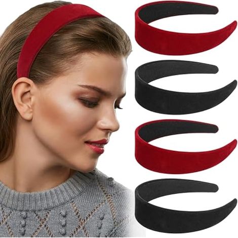 Lot de 4 Bandeaux en Velours, Classique Simples Serre Tete Femme, Style Rétro Accessoires de Cheveux Tendance pour Femmes et Filles, Noir et Rouge (1/5)
