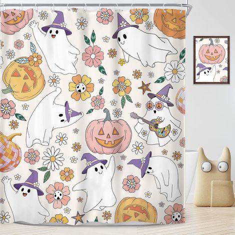 Rideau de douche d’Halloween 152x183 cm pour enfants, design rétro drôle, fantômes, dessin animé mignon, style 70s, Y2k, citrouilles d’automne, fleurs, rideau de douche, ensemble pour salle de (1/5)