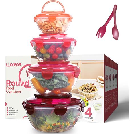 Lot de 4 Grand Saladier avec Couvercle Hermetique 1L-4,5L, Bol Plastique Reutilisable Bol de Cuisine Portable avec Poignée Sans BPA Boite de Conservation Passent Micro-ondes et Lave-vaisselle (1/5)