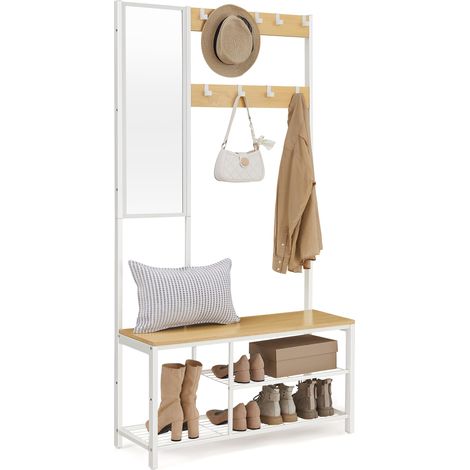 VASAGLE Appendiabiti, Mobile Ingresso con Ganci, Specchio, Panca Scarpiera e Ripiani, 36 x 98 x 185 cm, Corridoio Camera da Letto Salotto, Color Rovere e Bianco HSR050W09 (1/5)