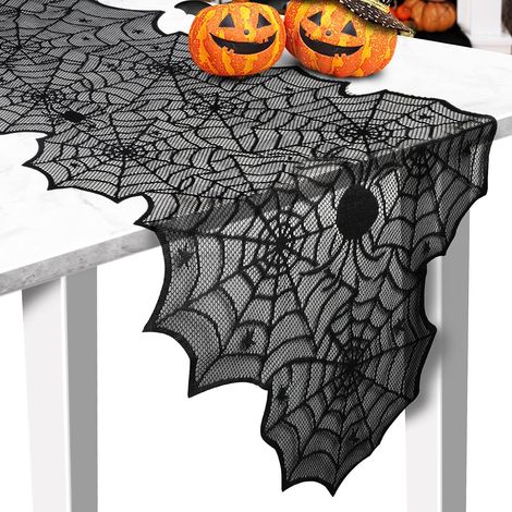 Nappe d'Halloween en dentelle noire à motif toile d'araignée, idéale pour décorer un dîner de fête (33 x 183 cm). (1/5)