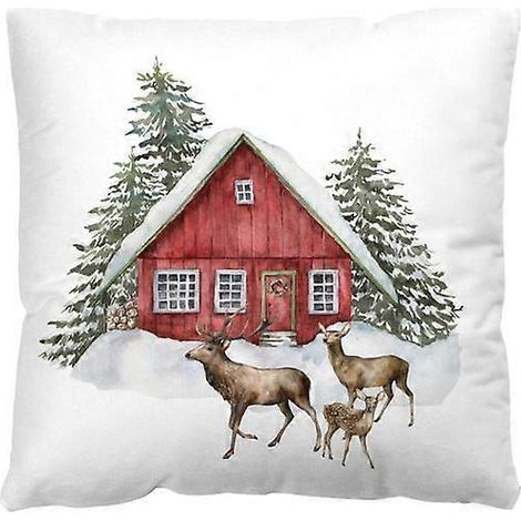 Housse de coussin décorative de Noël avec motif de cerf et d'élan, 45 x 45 cm, motif sapin et cerf, pour canapé ou maison. (1/5)