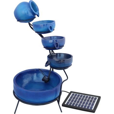 Fontaine de Jardin en Résine Bleu Alimenté Par Énergie Solaire Cascade Extérieure - 4 Niveaux - Décoration Extérieure Terrasse Abreuvoir - Batterie de 6H Sans Soleil [Piquet de Terre avec Panneau Sola