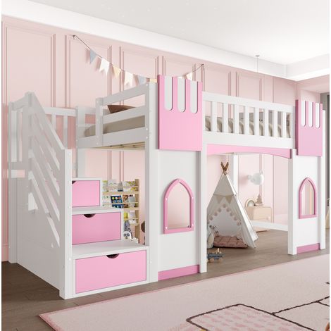 Cama alta moderna 90x200 cm de madera blanca y rosa con ventanas, escalera con almacenaje y somier de láminas