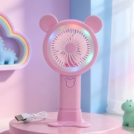 Ventilador de escritorio infantil - Diseño de dibujos animados - Alimentación USB - Con luces - Portátil y silencioso - Ventilador LED rosa (1/4)