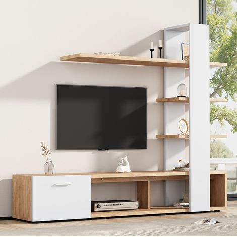 Mueble TV salón con estantes y puerta blanco roble HAVRYA (1/5)