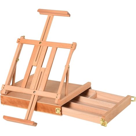Cavalletto da atelier pieghevole in legno di faggio, regolabile, con cassetto, naturale (1/4)