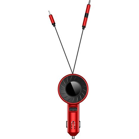 Chargeur USB Voiture 3 en 1, design rétractable, câble 150 cm, prise allume-cigare, matériau plastique, portable pour automobile, rouge (1/5)