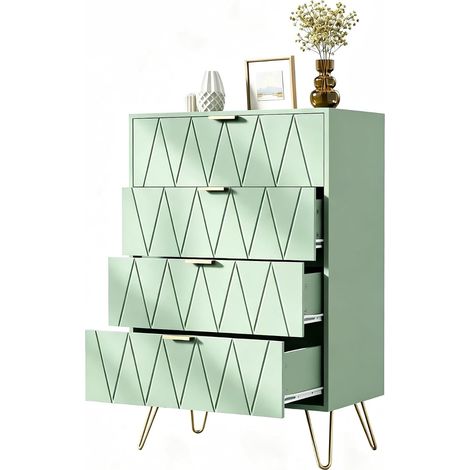 UEV Cassettiera Bianca con 4 Cassetti, Como Camera da Letto in Legno, Maniglie e Gambe Dorate, Mobile per Soggiorno, 34P x 60l x 91H cm, Verde Chiaro (1/5)