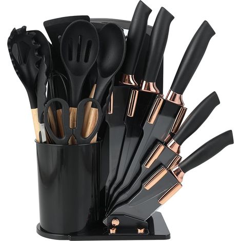 Set mit 19 Silikon-Küchenmessern, 12 Küchenutensilien, 5 Messern, Schneidebrett und Ständer, spülmaschinenfest (1/5)