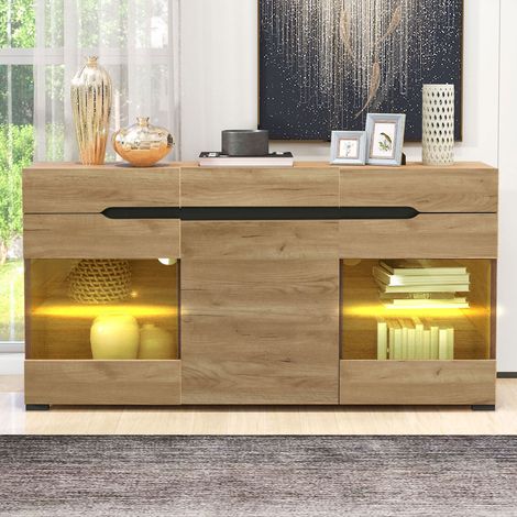 buffet commode rangement LED 3 portes 3 tiroirs chene OKMYHOME (1/5)