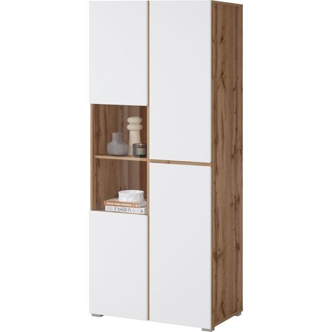 Vitrine HAVANA – Schlichte Eleganz in hellem Eichenholz und mattem Weiß - Ohne LED