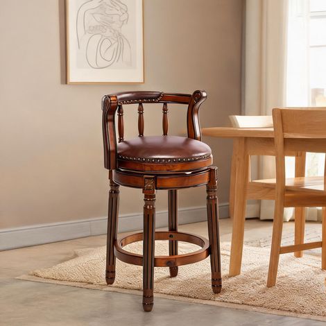 Tabouret de bar pivotant en bois massif et cuir véritable (1/5)
