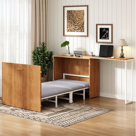 Lit escamotable métal et bois coloris naturel 90x200 cm avec bureau pivotant et matelas inclus (1/5)