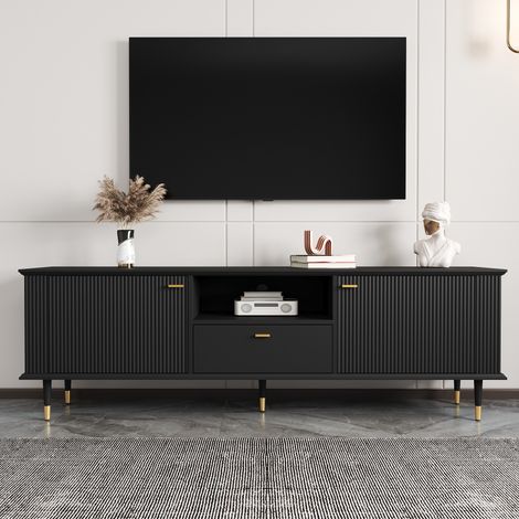 Meuble TV 170 cm avec Portes Cannelées, Tiroir et Niche Ouverte, Charnières Soft-Close, Poignées et Pieds Dorés, Meuble de Salon Bas Moderne - Noir (1/5)