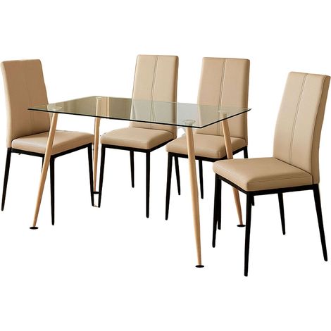 Juego de Comedor Mesa y 4 Sillas, Juego de Mesa Fija y 4 Sillas, Mesa Rectangular Cristal Beige y Negro (1/5)