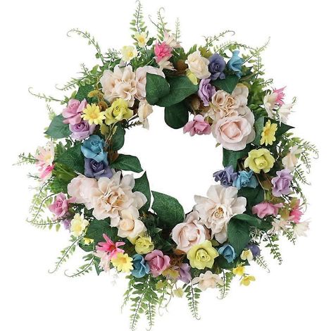 Couronne de roses artificielles de 43 cm (17 pouces) avec feuilles vertes, idéale pour le printemps