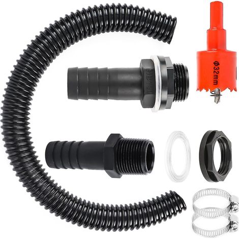 Kit de récupération d'eau de pluie avec tuyau de raccordement de 50 cm, réservoir de trop-plein et contre-écrou pour citernes (1/5)