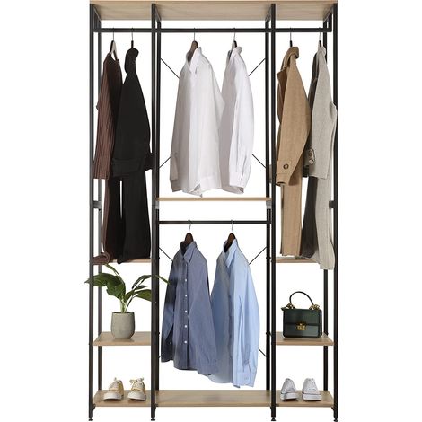 Woltu – Portant à vêtements en acier et MDF – Dimensions 120x40x201 cm – Barres de renforcement en X – Capacité 30 kg par étagère – Noir et chêne clair (1/5)