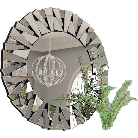 Espejo de pared decorativo, diseño de rayos de sol radiantes, forma redonda, color plata, 80x80 cm. (1/2)