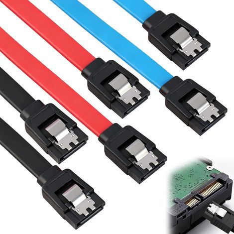 Paquete de 6 cables SATA III, 40 cm - Cable SATA 3.0 - 6 Gbps - Nylon con clip metálico - Cable de conexión para disco duro SSD - 2 conectores rectos tipo L (1/5)