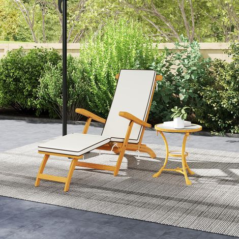 Chaise longue pliante bain de soleil avec coussin en bois acacia repose pieds 160 kg 155 x 54 x 86 cm blanc (1/5)