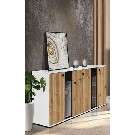 FURNIX buffet SARAI tiroir buffet 3 portes portes vitrées 140 cm blanc artisanal (1/5)