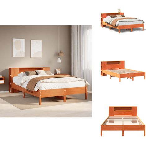 Massivholzbett mit Regal ohne Matratze Wachsbraun 140x200 cm - Bett Mit Regal - Bett Mit Bücherregal - Holzbett Mit Regal - Holzbett Mit Bücherregal (1/5)