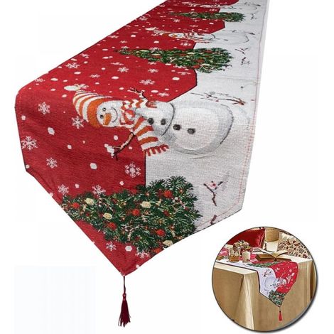 Chemise De Table De Noël - Coton Et Lin - Motif Bonhomme De Neige Arbre De Noël - 33 X 183 Cm - 2 Couleurs Disponibles - 1 Pièce