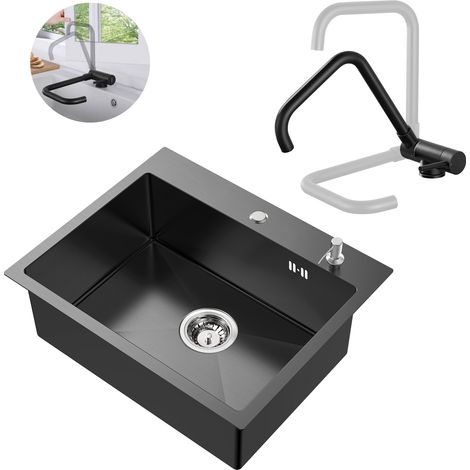 Fregadero de acero inoxidable + grifo de cocina abatible, 55 × 45 CM Fregadero empotrado con dispensador de jabón, mezclador de fregadero de ventana frontal, antracita (1/5)