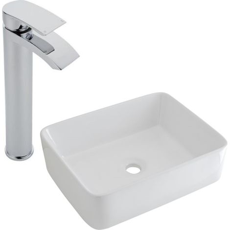 Milano Rivington 480mm x 370mm White Ceramic Rectangular Countertop Bathroom Basin Sink - With High Rise Tap (1/5)