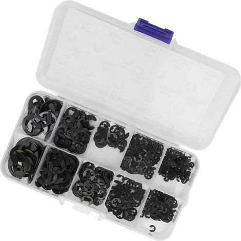 Ensemble de 580 rondelles de retenue de type E avec boîte de rangement, en acier inoxydable noir, pour fixation ferme. (1/5)