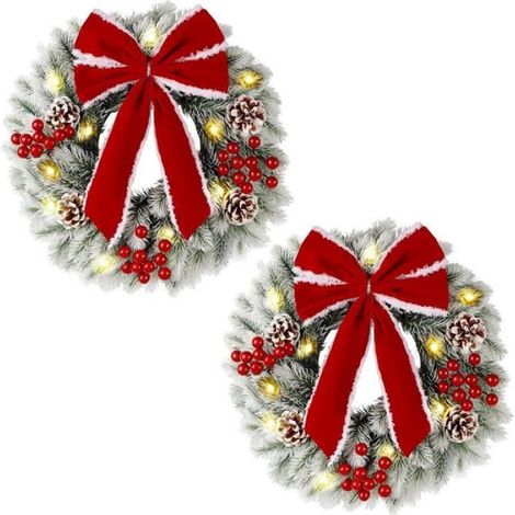 Mini Couronne de NoëL Pré-éClairéE de 13Pouces avec NœUd Rouge, Couronne D'Aiguilles de Pin avec LumièRes LED COURONNE DE NOEL (1/4)
