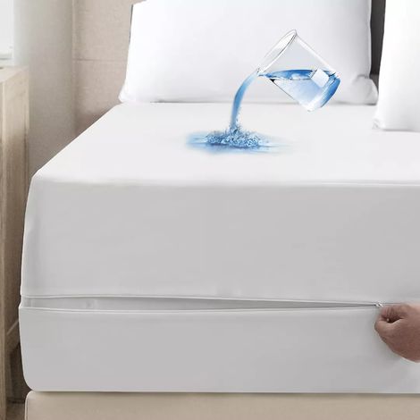 1 Protège-matelas, coton, imperméable, anti-acariens, fermeture éclair, lit double (1/5)