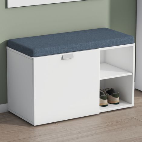 Mai & Mai Meuble de Chaussures Étagères Réglables Banc à Chaussures en Bois Coussin en Mousse Organiseur de Chaussures avec 4 Compartiments pour Entrée Couloir Blanc Mat 80x37x50 cm Zitta-01