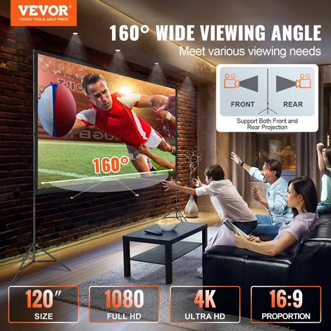 Écran de Projection sur Pied Portable 304,8 cm 16:9 HD Toile de Projection Double Face Anti-Plis Grand Angle de Vision avec Sac de… (1/5)