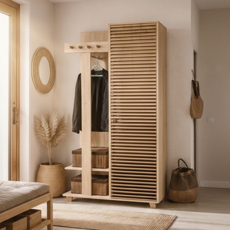 Dmora - Muebles de entrada Azhaf, Entrada para perchas, Composición para atrio, Consola de almacenamiento multifunción, 90x36h194 cm, Roble, con embalaje reforzado (1/5)