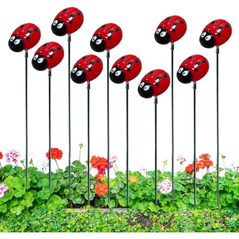 Lot de 10 piquets de décoration de jardin en forme de coccinelle réaliste pour extérieur, pelouse, allée, patio, cour (1/5)