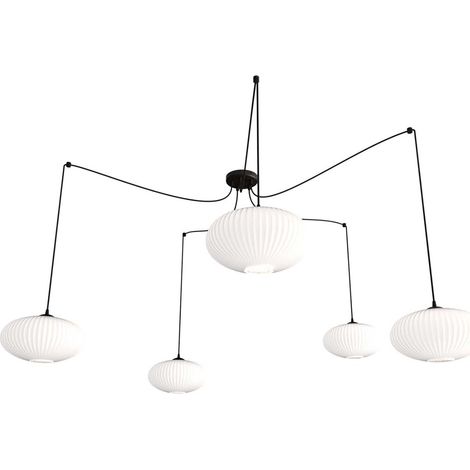 Lampadario 5 Luci Origo In Acciaio Nero Paralume Plissettato Bianco (1/2)