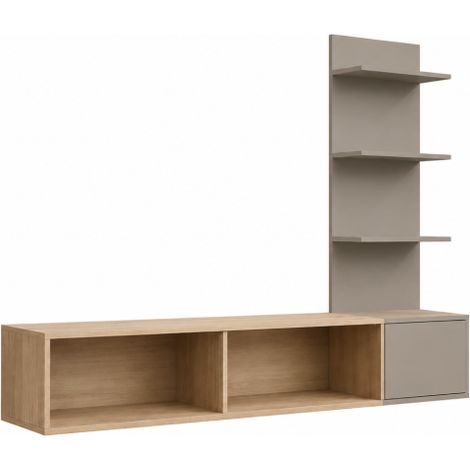Ensemble meuble TV mural Joy - Bois MDF gris argile et chêne Cremona - 180 x 130 x 40 cm - Livraison gratuite (1/4)