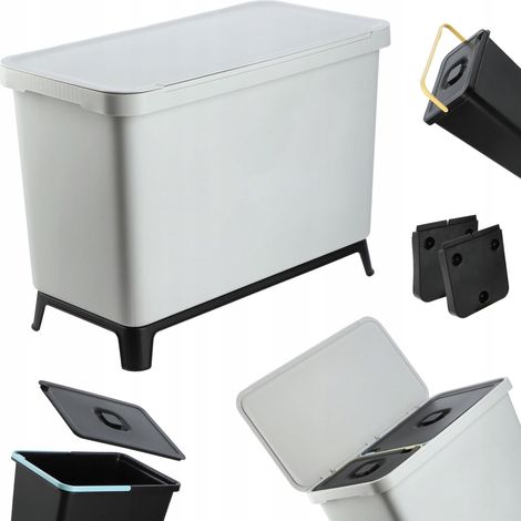 KADAX Poubelle avec couvercle à charnière, rectangulaire, en plastique, avec poignée de transport, pour tri des déchets, gris 10 l + 23 l (1/5)
