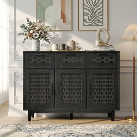 Lowboard Sideboard 115x40x80 cm mit 3 Schubladen und 2 Türen aus geflochtenem Bambus, Küchen- und Esszimmerschrank, zylindrische Füße - Schwarz