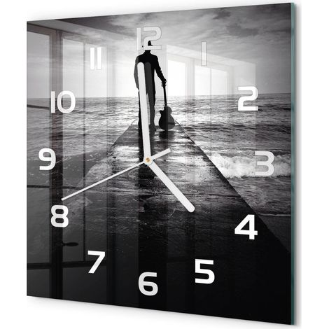 Horloge Murale Carrée Silencieuse Verre Trempé Décoration Maison Moderne Guitariste sur la jetée 30x30 cm (1/5)