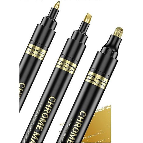 Set mit 3 Flüssig-Spiegel-Effekt-Chrommarkern, permanenter, reflektierender Metallic-Chrom-Lackstift, glänzendes Goldfinish zum Bemalen von Modellautos und -fahrzeugen. (1/5)