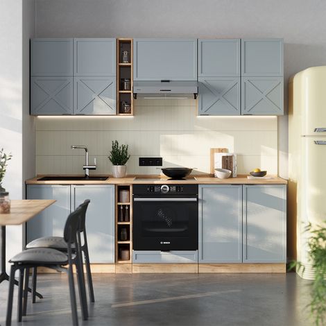Mueble de cocina Fame-Line, Roble azul claro/gris dorado, 235 cm sin encimera, Vicco
