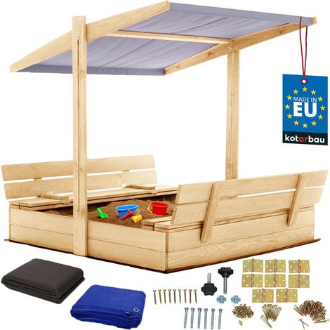 KOTARBAU® Bac à Sable Enfant Extérieur Bois de Pin 120x120 cm Naturel Bac à Sable avec Couvercle et Bancs Pliables Protection Solaire avec Toit Gris
